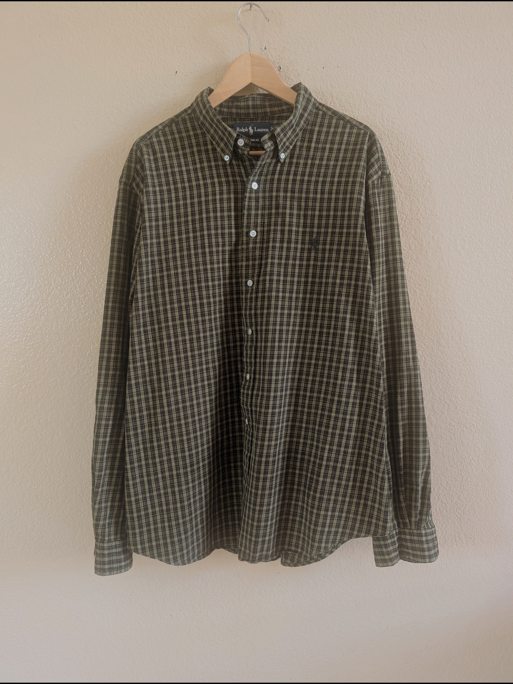 Ralph Lauren Mens XXL Olive Green Black Plaid Classic Fit L/S Button Down Shirt